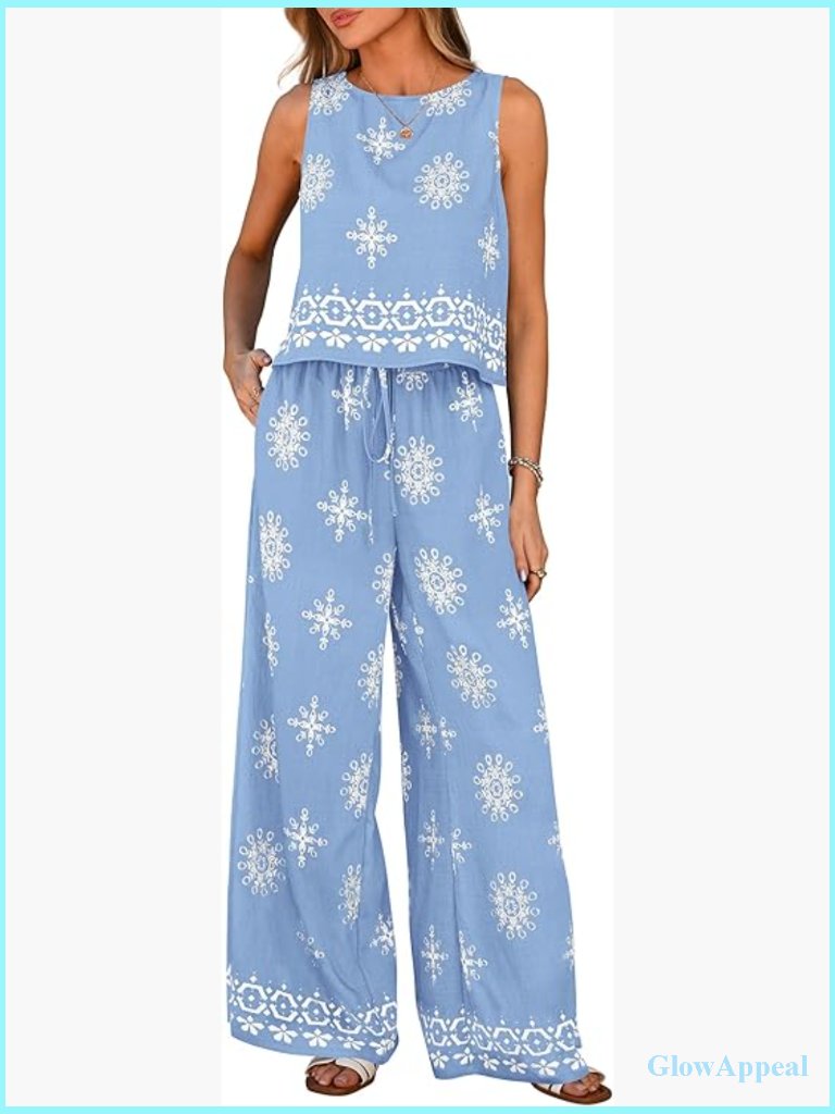 2 Piece Lounge Set Floral Tank Top Wide Leg Pants Travel Outfit